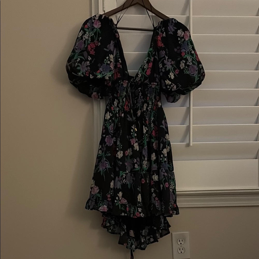 Free People Black Floral Puff-Sleeve Mini Dress